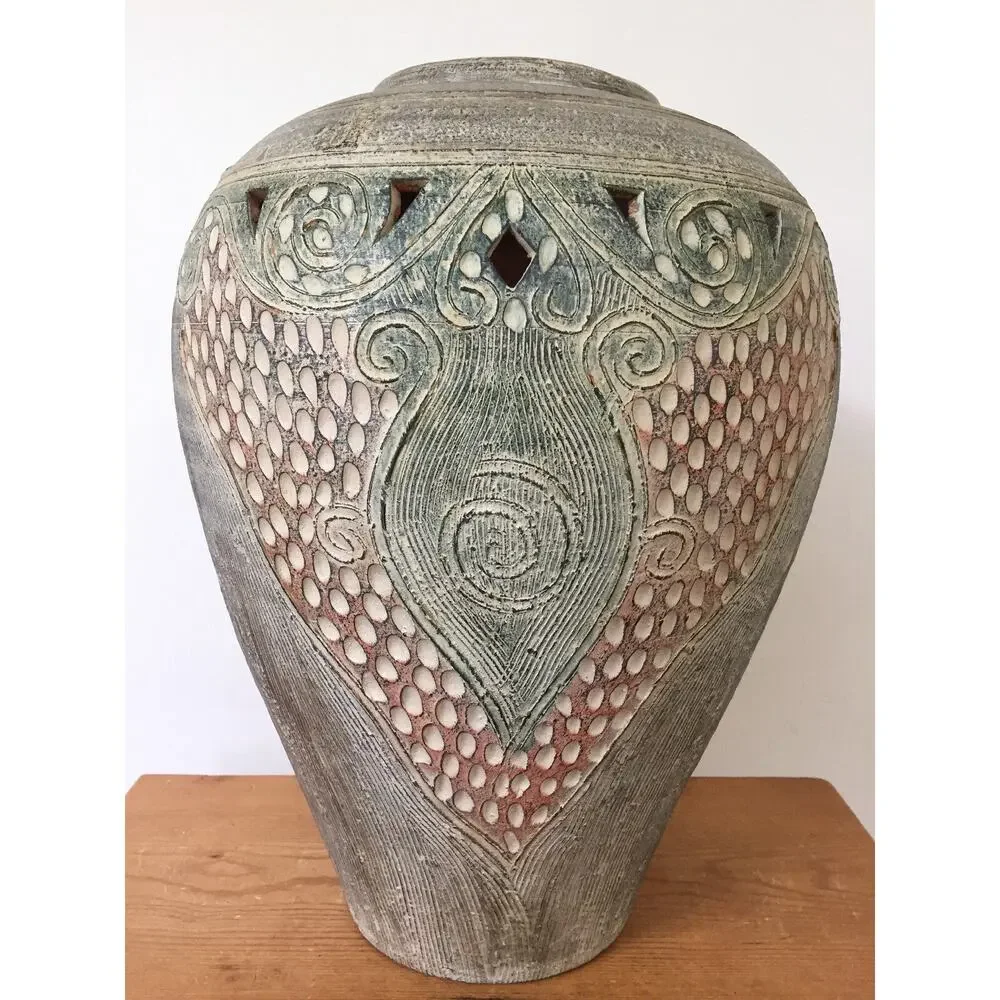 Vtg Studio Art Pottery Matte Earthenware Grecian Style Flower Floor Vase Urn 16